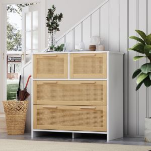 Cômoda rattan com 4 gavetas natural e branco 80x80x38cm