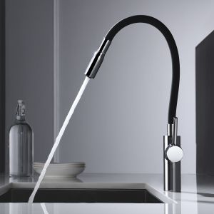 Torneira monocomando para cozinha em aço e latão cromado com tubo preto opa