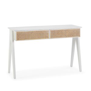 Mesa de consola 120x40x80 em madeira branca com detalhes em rattan natural.