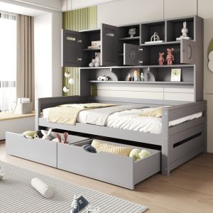 Sofá cama 90x200cm com arrumação em madeira – cinzento