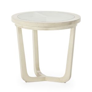 Mesa lateral de madeira 50x50x48 cm, com acabamento branco e vidro.