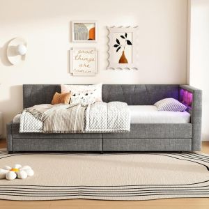 Sofá-cama cinzento 90x200cm com LED, usb-c, 2 gavetas e arrumação
