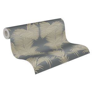 Papel de parede folhas de palmeira dourado,cinzentoebranco brilhante