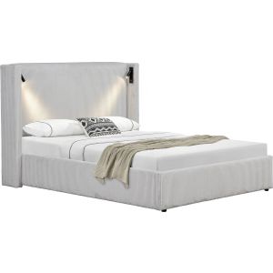 Cama de casal em veludo cotelê com cômoda integrada e abajur "cortina" - 14