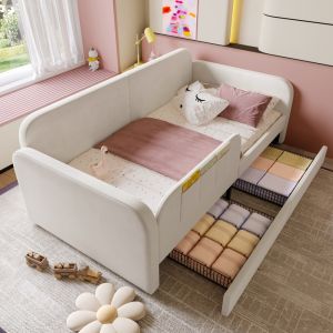 Cama infantil estofada 90x200cm com gavetas e bolsos veludo – branco