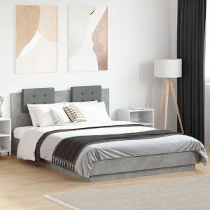Cama c/ cabeceira/luzes LED 150x200 cm cinza cimento
