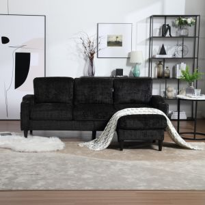 Sofá 4 lugares em chenille preto com pufe arrumação e porta copos