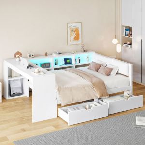 Cama de madeira 140x200cm com arrumação gavetas base e luz LED branco