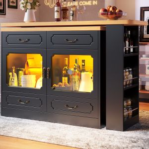 Mesa de bar extensível em mdf preto e natural com LED e arrumação