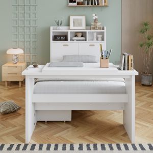 Cama individual 90x200cm com arrumação mesa dobrável madeira – branca