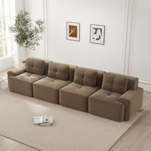 Sofá modular 4 lugares em bombazina castanho com assento fundo