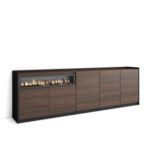 Aparador, 260x37x80cm, carvalho escuro e preto, lareira eléctrica rf4247