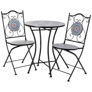 Conjunto de mesa e 2 cadeiras em mosaico e ferro forjado laranja, mesa