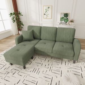 Sofá de canto modular em bombazina verde 3 lugares com chaise longue