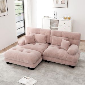 Sofá modular com otomanas em chenille rosa com almofadas