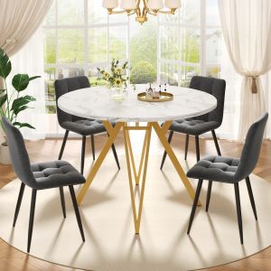 Conjunto mesa de jantar 5 peças redonda 100 cm mármore dourado