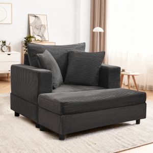 Sofá chaise longue em tecido canelado cinzento com arrumação