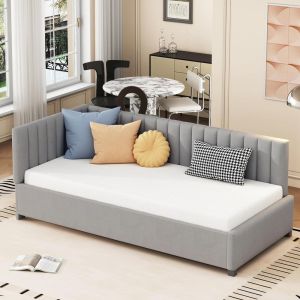 Sofá cama 90x200 cm veludo conversível cabeceira acolchoada cinzento