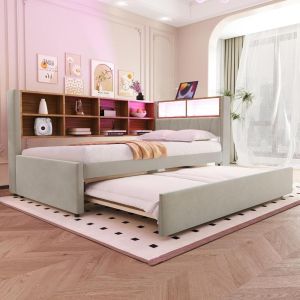 Sofá-cama 90x200cm com cama auxiliar 90x190cm, LED, cinzento claro