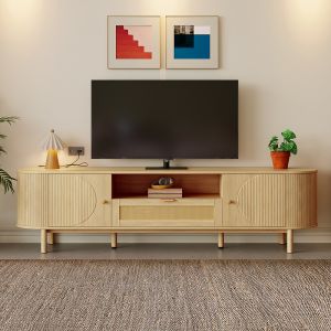 Móvel para televisão, gavetas de rattan + prateleiras abertas