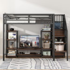 Cama alta 90x200cm com suporte para tv e tomada metal e mdf cor preto
