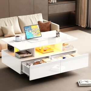 Mesa de centro com iluminação LED 2 gavetas branca 41x90x55cm