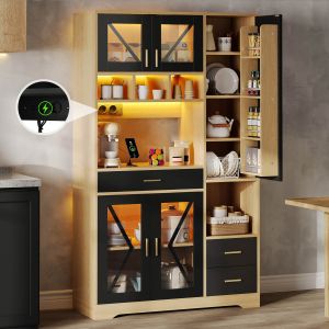 Armário de cozinha com LED e tomadas preto natural 185x105x40cm