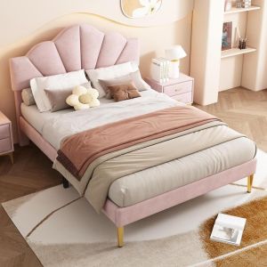 Cama casal 140x190cm veludo capitonê pés dourados ajustável rosa