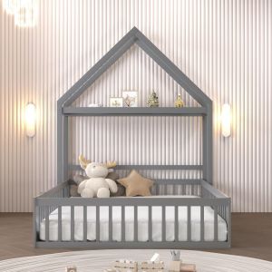 Cama infantil 140x200cm com barreira, arrumação e roupeiro cinza