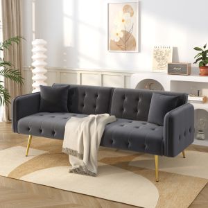Sofá cama 2 lugares em veludo cinzento antigo com encosto reclinável