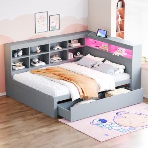 Cama sofá casal 140x200cm com arrumação e LED madeira – cinzento