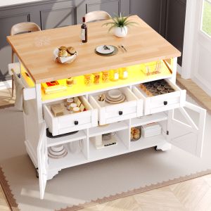 Ilha de cozinha com luz LED e mesa dobrável branca 98x120x71cm