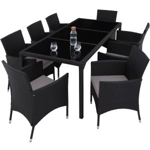 Tectake jogo poli-rattan 8 cadeiras mesa vidro uv, preto/cinzento
