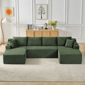 Sofá modular em u em cotelê verde com 3 peças e assento profundo