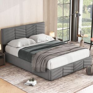 Cama de veludo 140x200cm com arrumação e cabeceira ajustável cinzento