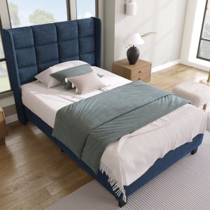 Cama estofada 90x200cm com cabeceira e estrado linho – azul