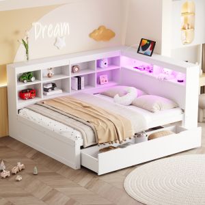 Sofá cama de madeira branco 140x200 cm com arrumação LED e usb