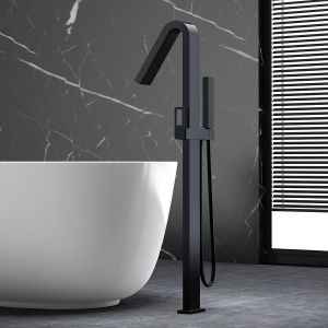 Misturador de piso para banheira e ducha preto fosco aço e latão