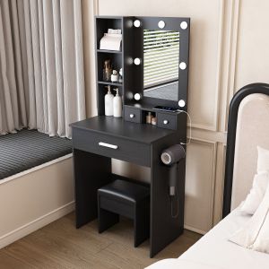 Toucador com espelho e LED preto 131,5x60x38cm