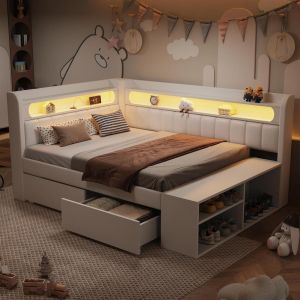 Sofá cama 90x200cm com usb LED 7 cores 2 gavetas branco