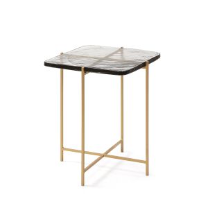Mesa lateral rústica de vidro, 46x36x51 cm, metal dourado.