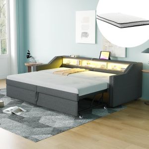 Sofá-cama extensível 90x200/180x200 com LED e usb, cinzento escuro