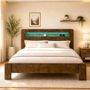 Cama plataforma 180x200cm madeira arrumacao cabecera LED castanho