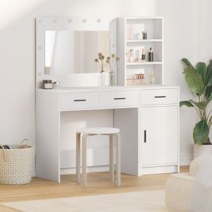 Conjunto de mesa de maquiagem 2 peças com LED em madeira branca wf831355