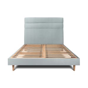 Cama de 135x190 cm com cabeceira de linha - tecido de veludo - cinzento-azu