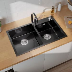 Pia 2 bacias 75x45x19cm pia em inox 304 pia de cozinha preta com dispenser