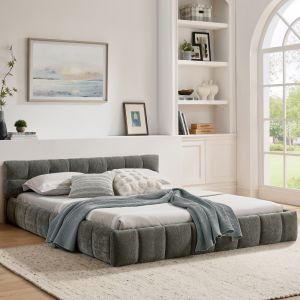 Cama casal 160x200cm estofada chenille estrutura madeira e ferro cinzento