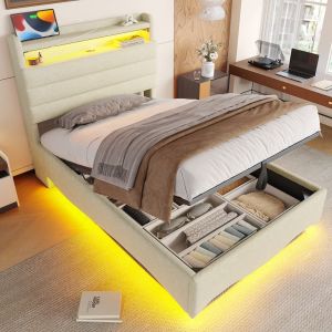 Cama estofada 90x200cm com LED, usb e arrumação linho – bege