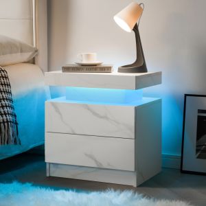 Mesa de cabeceira com LED e 2 gavetas branco mate