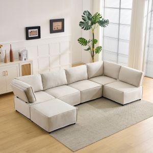 Sofá modular de canto em tecido bege 6 módulos 308 x 152 cm